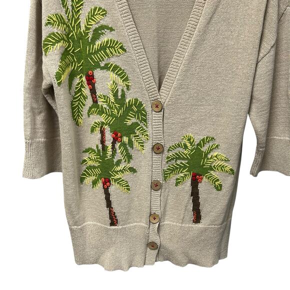 J. Jill Tan Green Palm Tree Embroidered Button Up Cardigan Sweater Womens Large - Picture 2 of 6